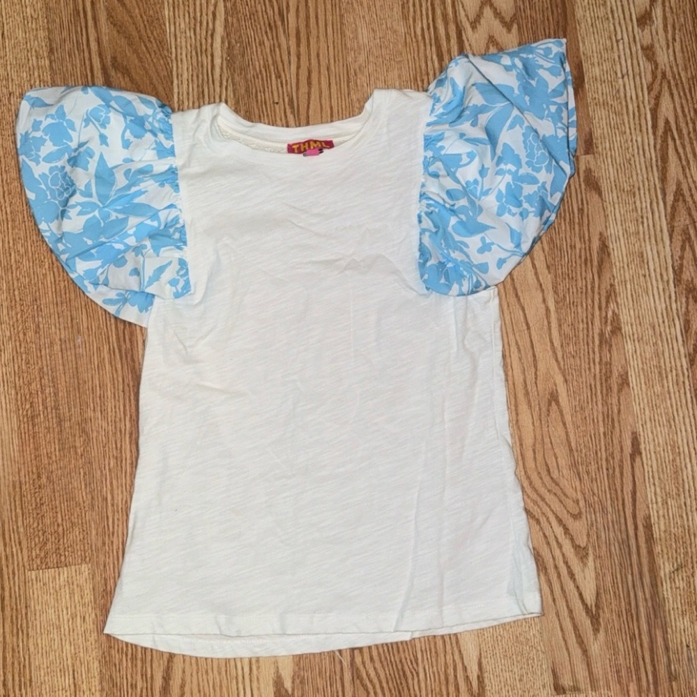 THML White Tee with Blue Floral Puff Sleeves